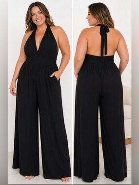 Black Halter Wide-Leg Jumpsuit plus size
